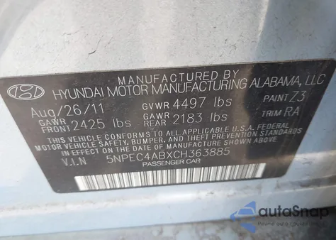 2012 Hyundai Sonata Limited 2.0T z USA, uszkodzony, nr VIN 5NPEC4ABXCH363885